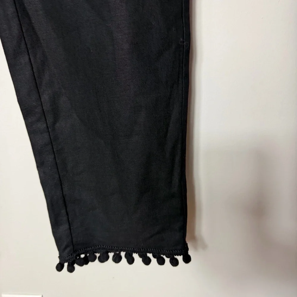 NEW J. Crew Linen Blend Black Pom Pom Trimmed Pants Size 8